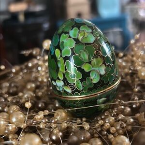 Vintage Emerald Green Cloisonné Egg Trinket Box